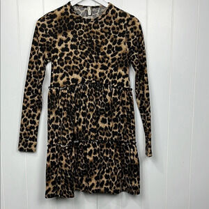 Beeson River Womens Dress XS Black Brown Animal Print Tiered Ruffles Stretch EUC